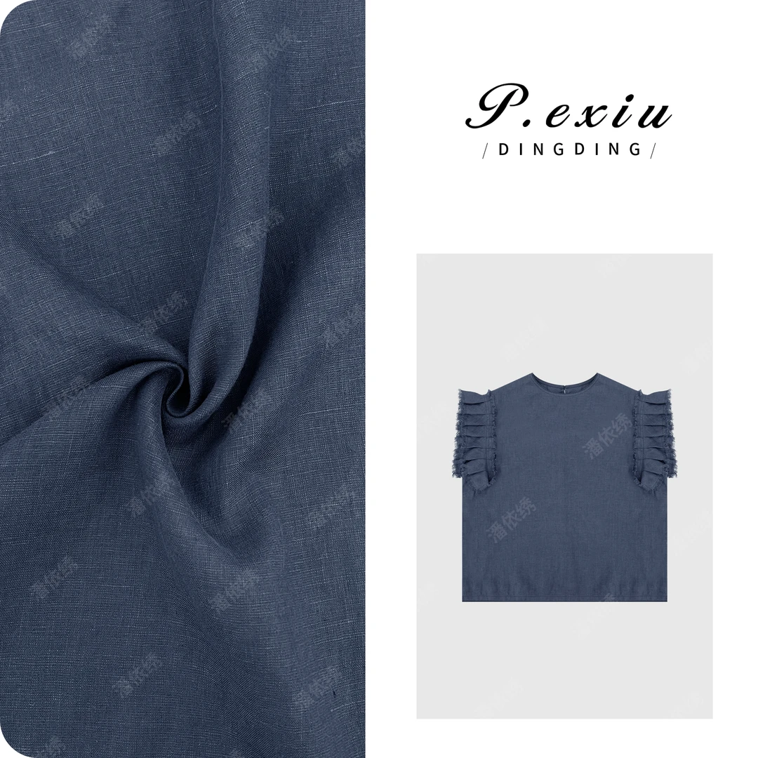 PanYiXiu/潘依绣【春日圆舞曲】100%亚麻压褶小飞袖圆领衬衫W-62813