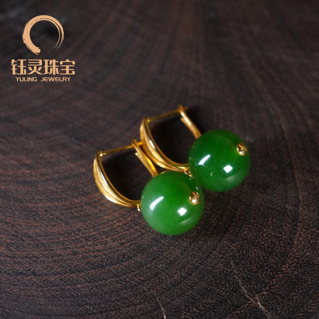 【钰灵珠宝】高阶俄料设计款和田玉耳扣  18k金镶嵌 12mm 轻奢