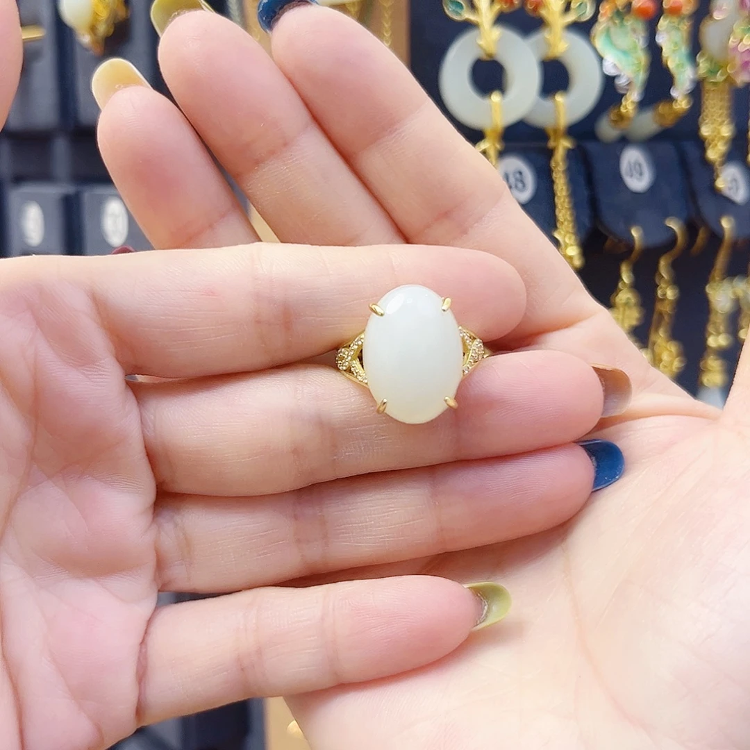 和田玉银S925镀金镶嵌戒指