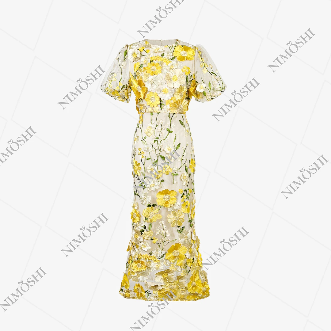 NIMOSHI【雪总】新款时尚针织黄色菊花裙设计连衣裙女Q1423