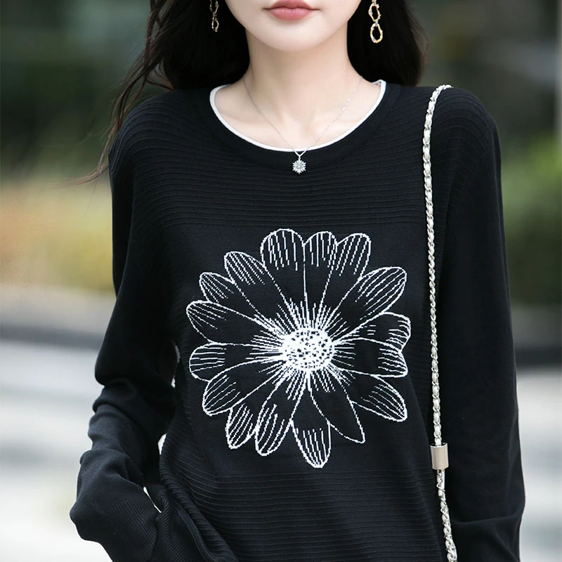 精品女装哥.弟毛针织衫针织女装春秋中年扎花太阳纯欲慵懒风女装