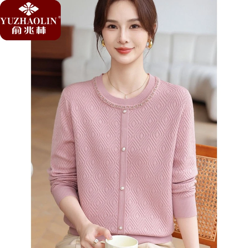 俞兆林2025新款妈妈秋装圆领长袖针织衫中老年女装春秋时尚毛衣打