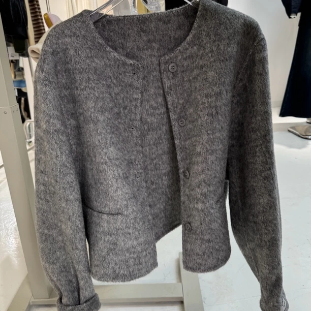 胖丁家秋冬新款女短款圆领双面小香风外套