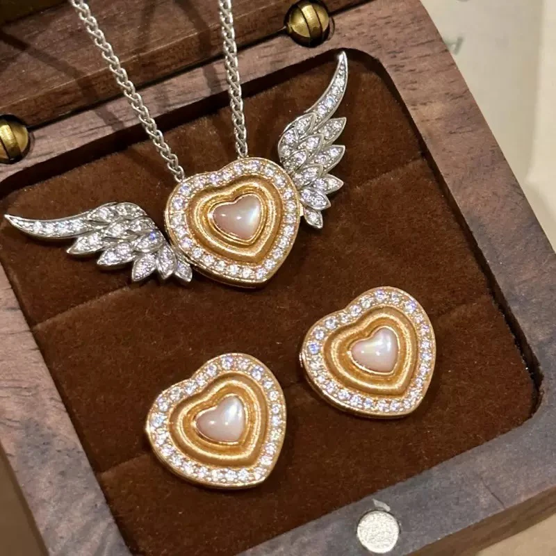 铜合金项链 项链耳钉套装中古风复古高级镶钻白贝爱心天使翅膀