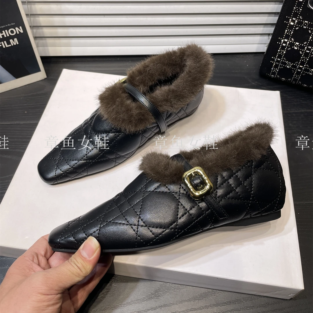 法式内增高加绒玛丽珍鞋女冬一字带保暖方头深口单鞋温柔毛毛鞋