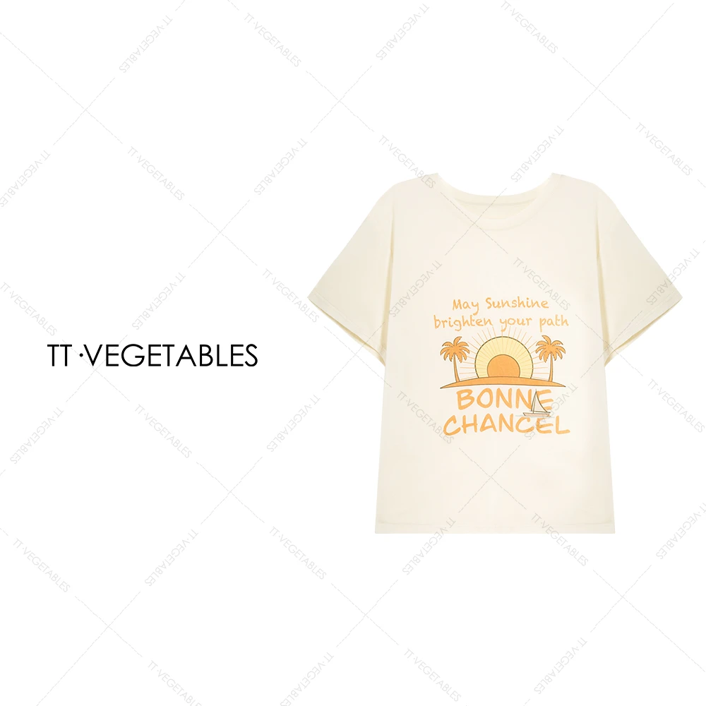 TT・VEGETABLES【序白】柳绦 匹马棉桑蚕丝印花圆领T恤515679