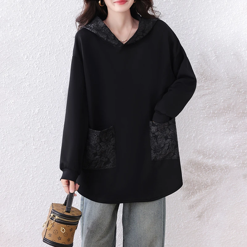 【女神新衣】2025早秋新款百搭简约大码蕾丝时尚宽松显瘦微胖卫衣