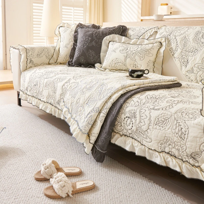 直排法式复古全棉沙发垫高级刺绣四季通用防滑坐垫套裙摆盖布巾罩