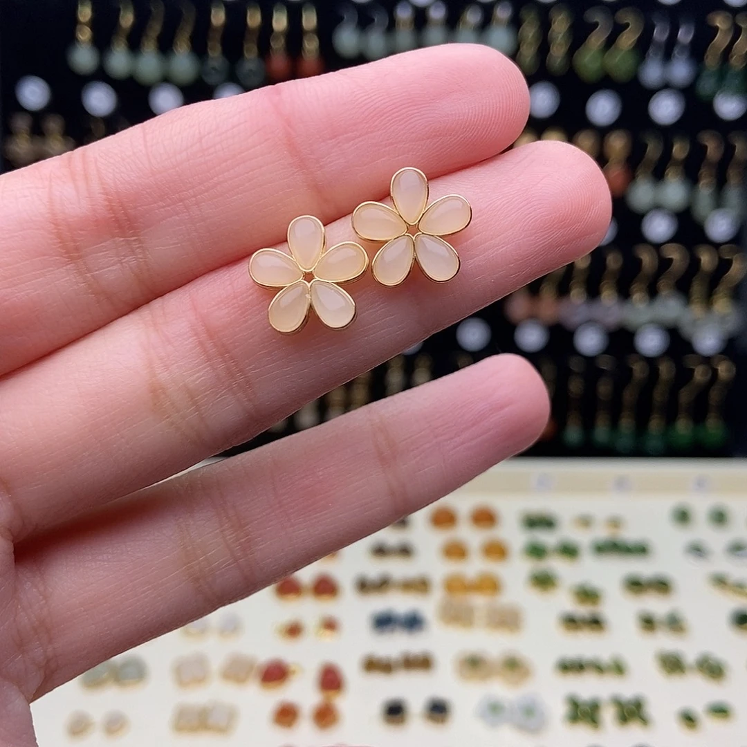 和田玉银S925镀金镶嵌耳饰