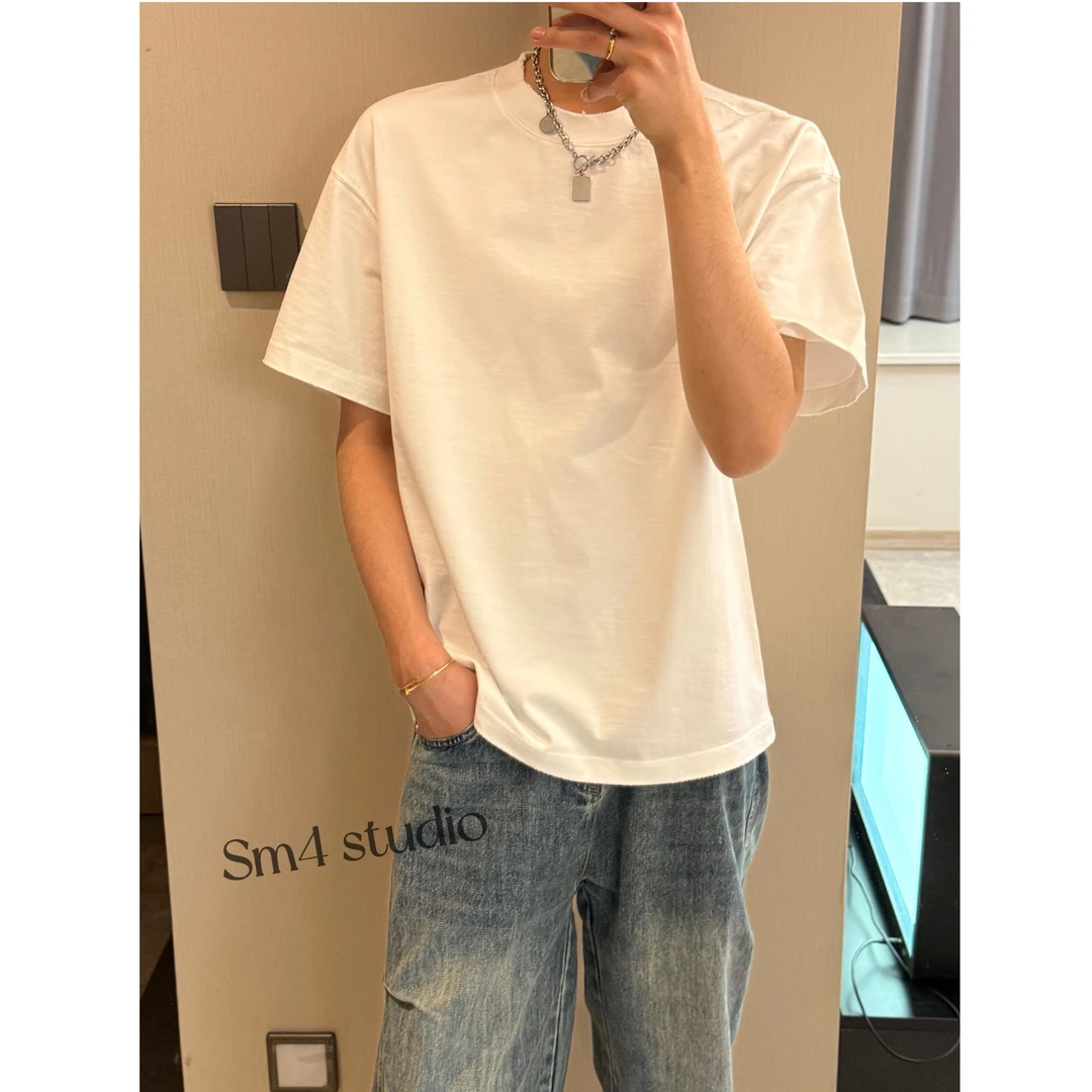 SM4夏季短袖简约百搭款手工磨破高克重300克宽松短袖圆领DX031402