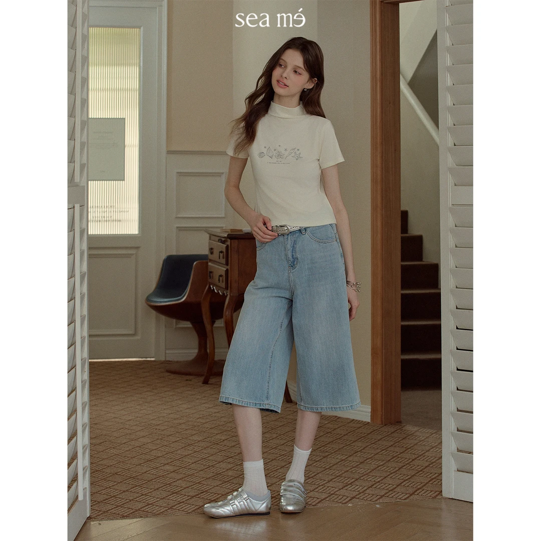 Seame汐觅【凌晨出发】复古做旧水洗牛仔裤时髦中裤阔腿裤七分裤