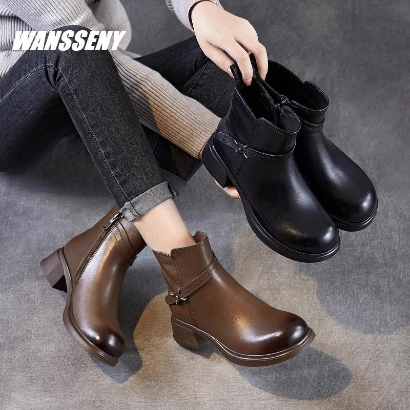WANSSENY2025年真皮马丁靴女时装靴秋季新款通勤靴粗跟休闲短靴女