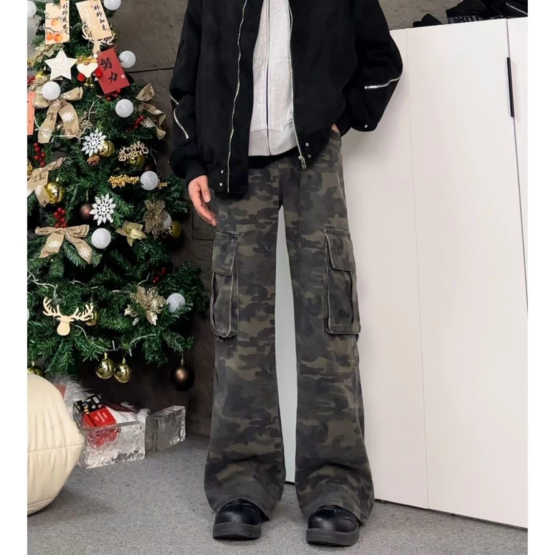 莹小莹 复古工装迷彩牛仔裤男款潮牌高街直筒微喇叭休闲口袋长裤