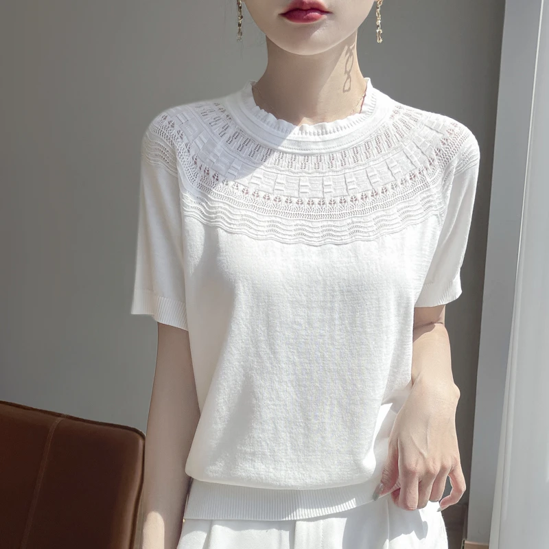 夏季爆款镂空针织女T恤百搭时尚薄款桑蚕丝半袖 高端轻奢圆领短袖