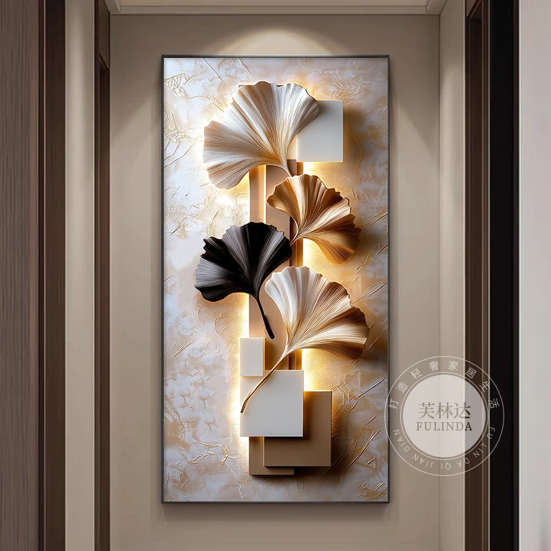 高级感走廊过道尽头装饰画2025新款银杏叶玄关挂画正对入户门壁画