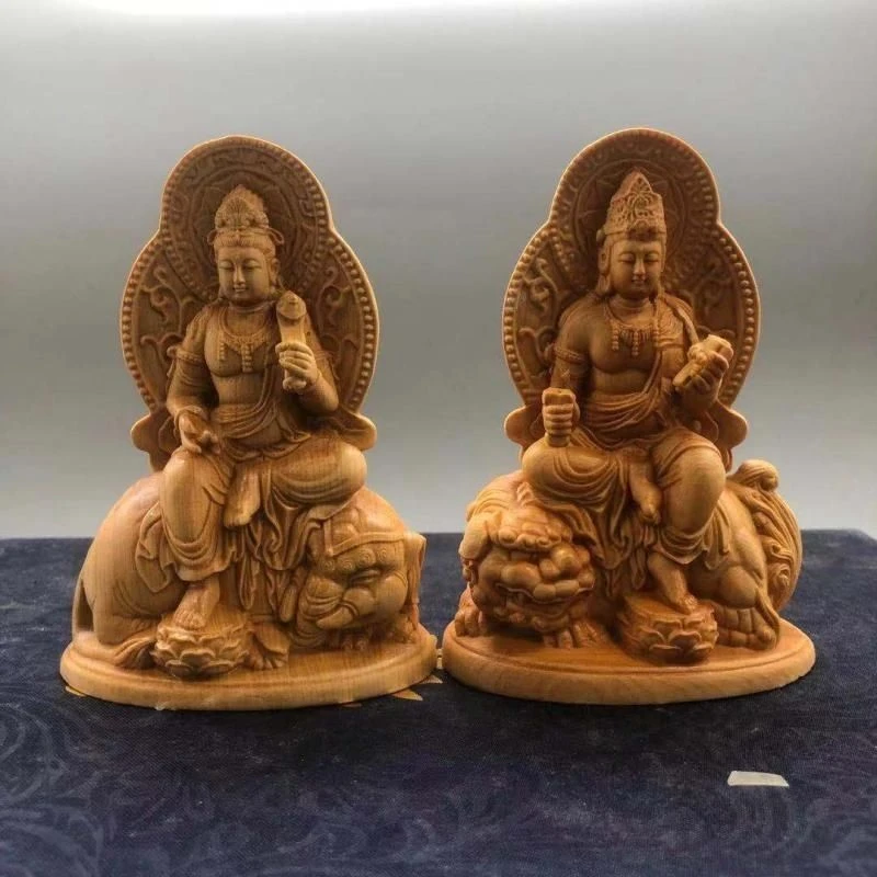崖柏木雕文殊菩萨普贤菩萨本命生肖守护神摆件饰品居家用工艺车摆