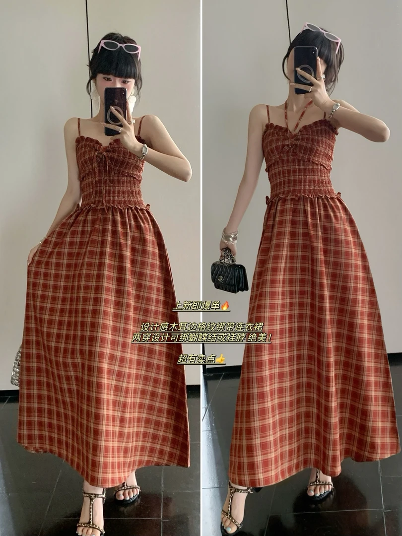 韩系复古蝴蝶结格子吊带连衣裙9765 肩带可调 裙长115