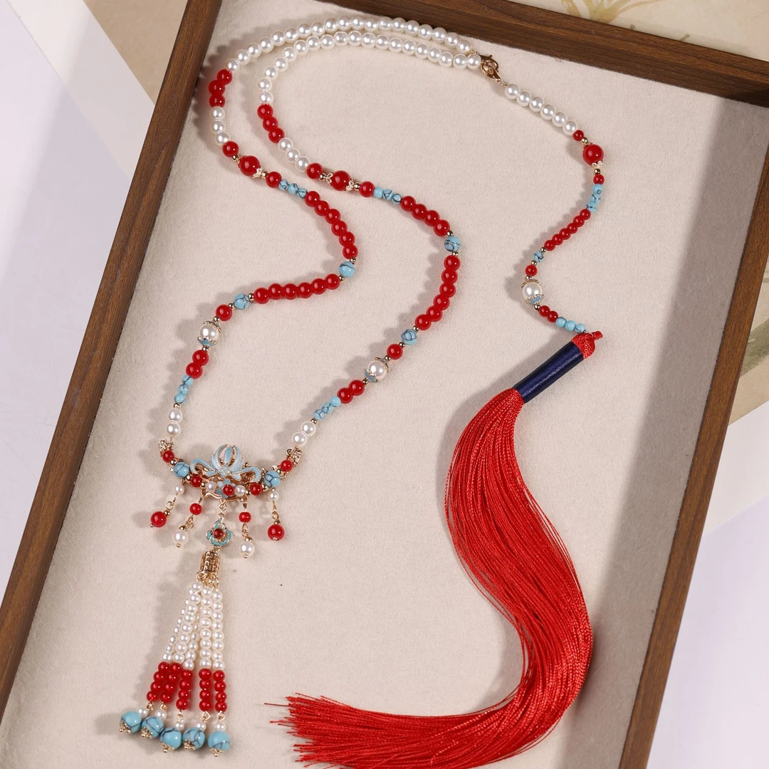 古风新年红色长流苏背云璎珞汉服项链配饰古装道具