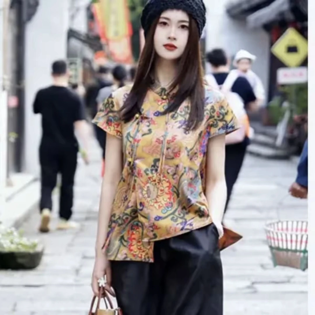 新中式国风2025年女夏季新款短袖缎面盘扣上衣九分花苞裤薄款宽松