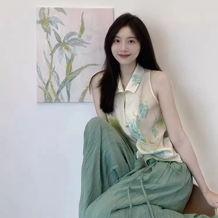 2025夏季新中式古典禅意盘扣无袖衬衫上衣褶皱阔腿裤时尚两件套