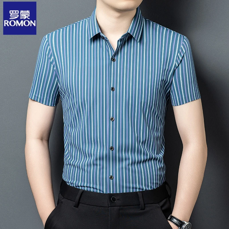 罗蒙冰丝免烫竖条纹短袖衬衫男士夏季中青年商务休闲无痕半袖衬衣