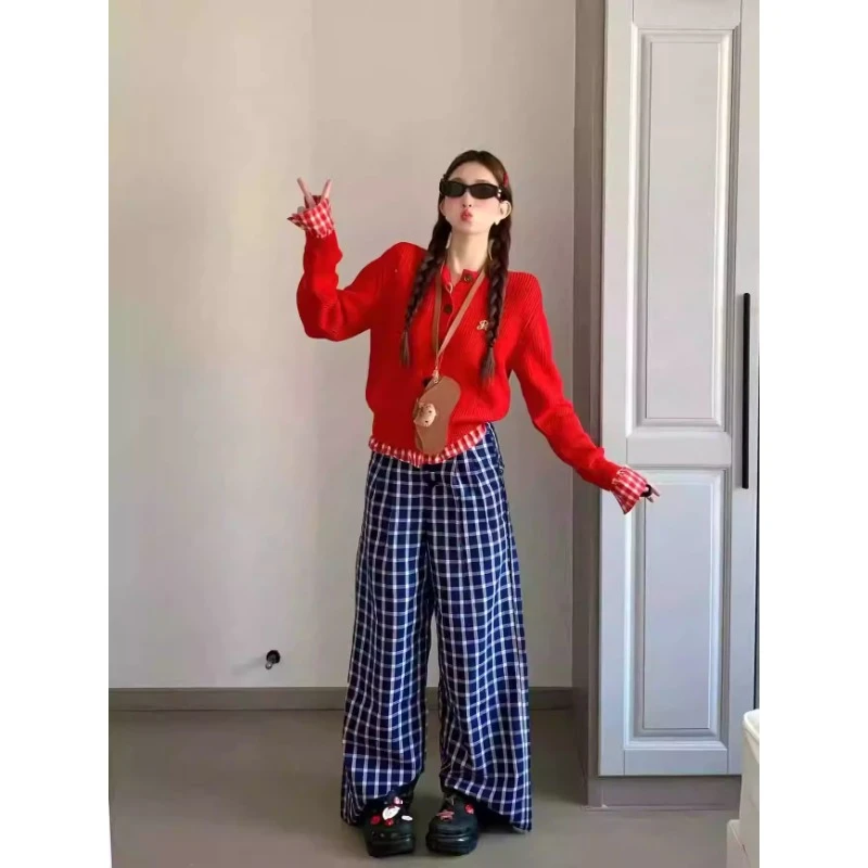 秋冬新款假两件针织开衫女百搭设计感拼接毛衣潮炸街高级感学院风