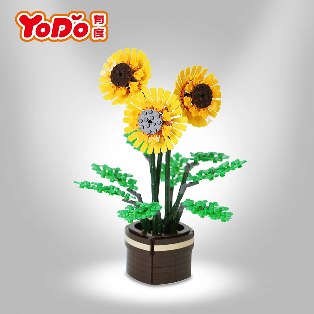 高端向日葵玫瑰花束盆栽积木花装饰创意益智拼装玩具