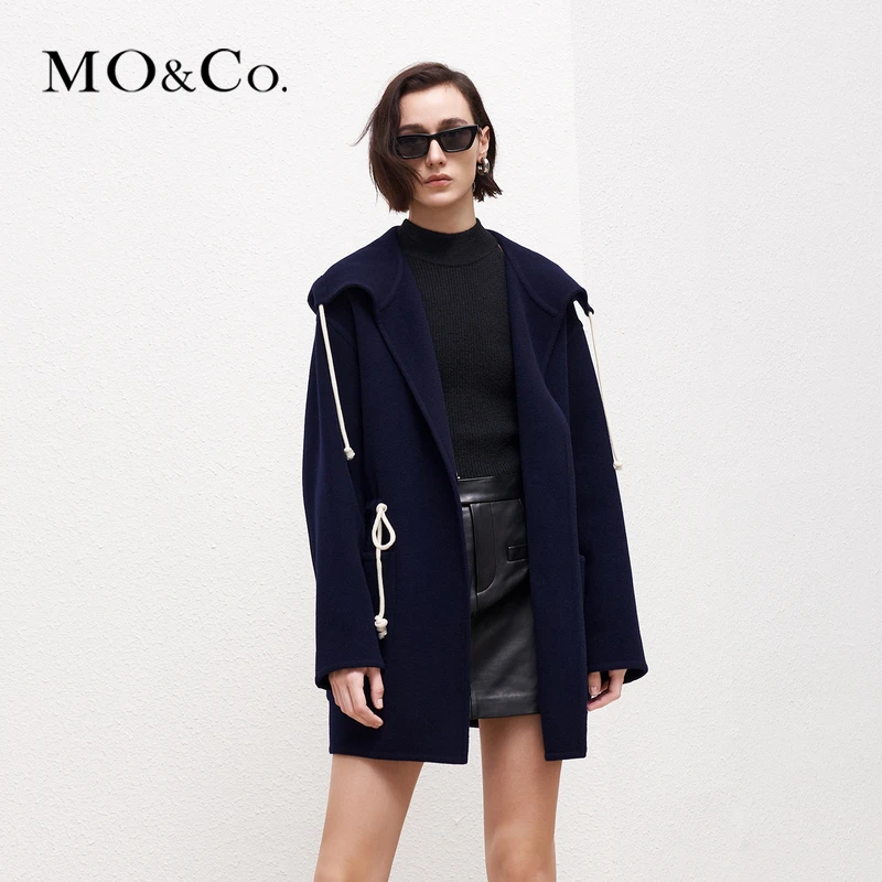 【诗语专属】MOCO秋冬绵羊毛连帽抽绳双面呢大衣外套防寒MBB4OVC002