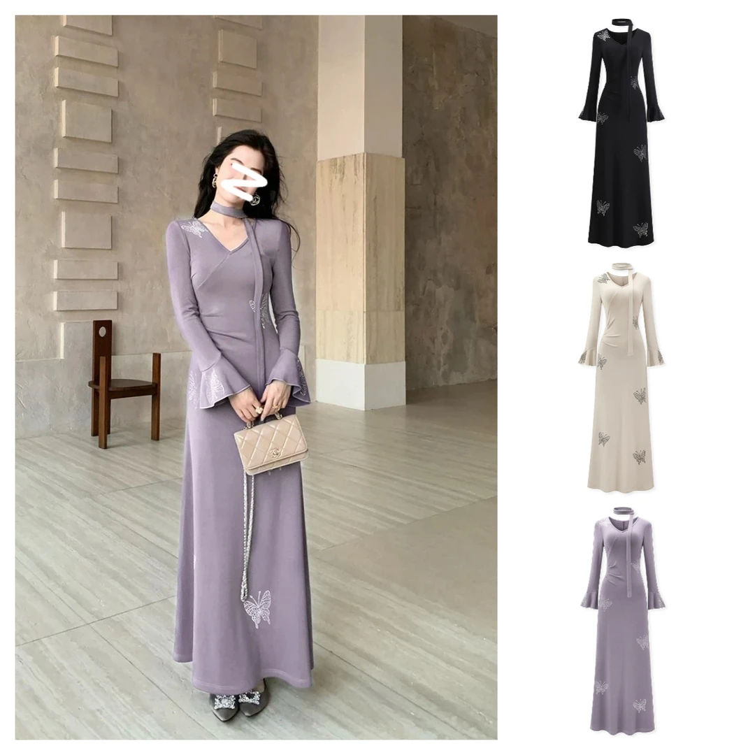 【蝶舞翩跹】秋季新款法式蝴蝶飘带收腰长裙女长袖针织女装连衣裙