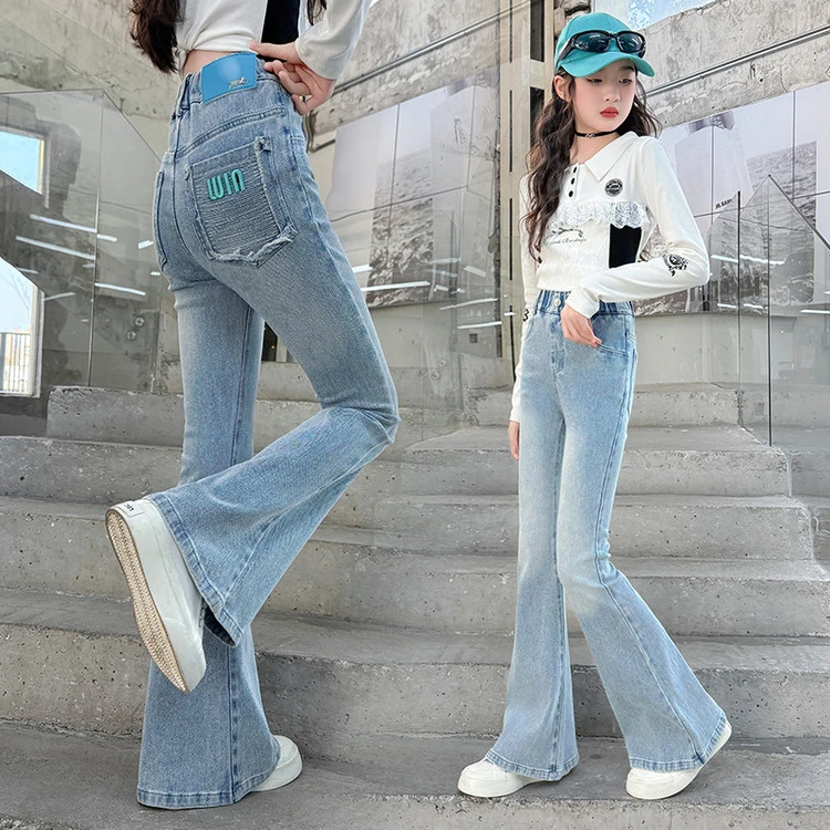 女童12-15岁牛仔裤新款中大童喇叭裤女孩洋气炸街百搭微喇裤子潮