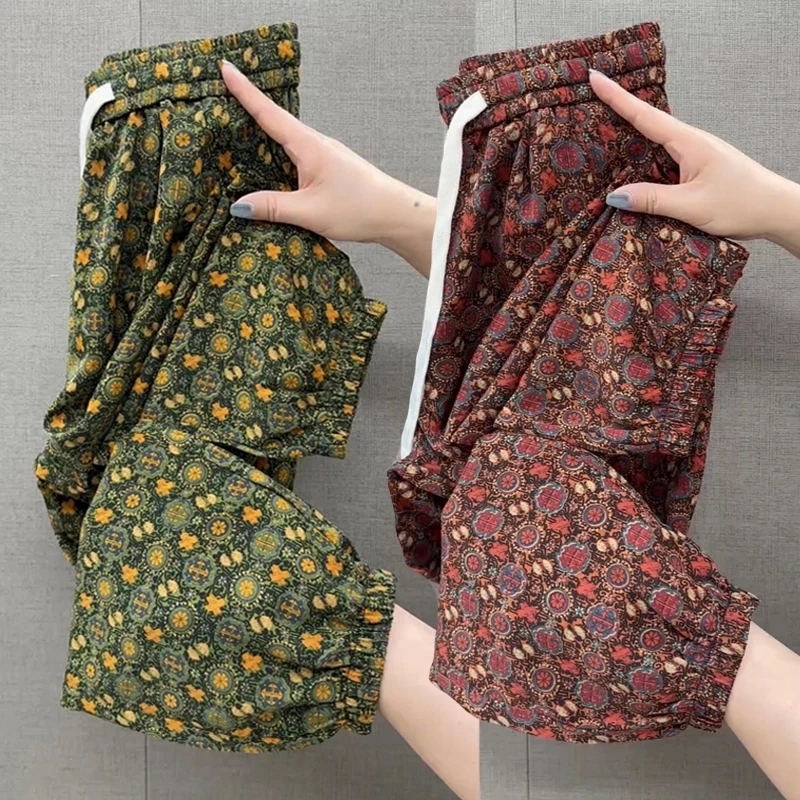 夏季薄款冰丝花裤女2025高腰显瘦哈伦时尚透气百搭九分束脚灯笼裤