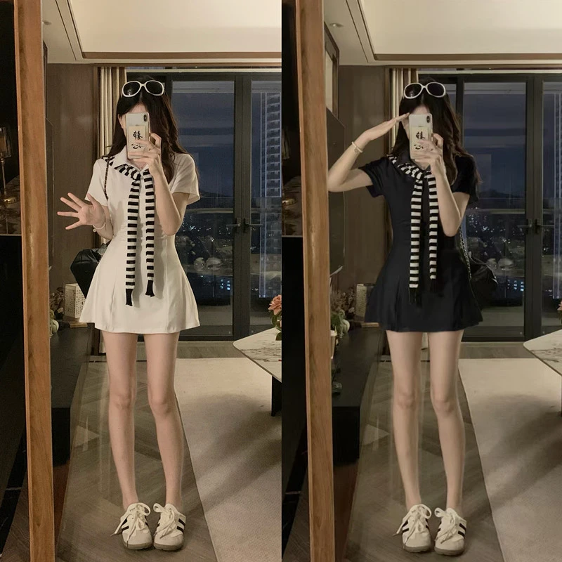 大码夏季韩系短袖上衣收腰显瘦连衣裙+短款+披肩三件套
