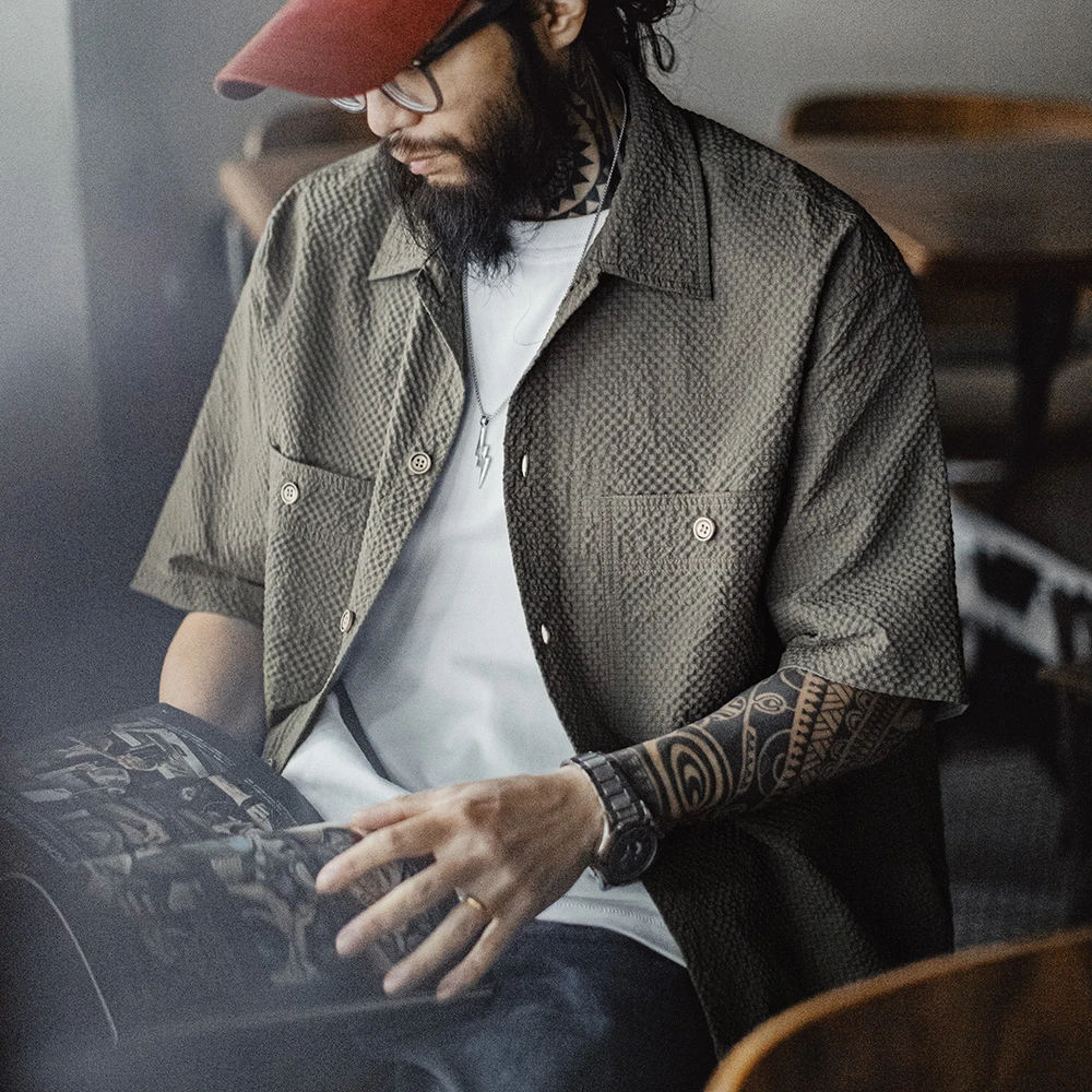 马登工装美式休闲AIRY空气感泡泡纱衬衫透气薄款衬衣外套男春夏