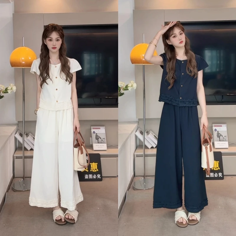 【悸动时刻】设计感花边短袖小衫+松紧腰阔腿直筒裤老钱风套装女