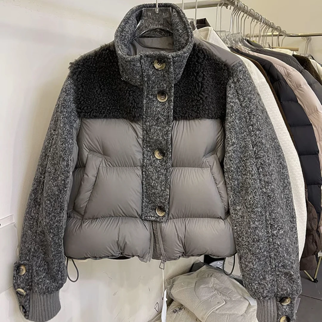 韩系羔毛拼接短款棉服设计感时尚爆款洋气外套