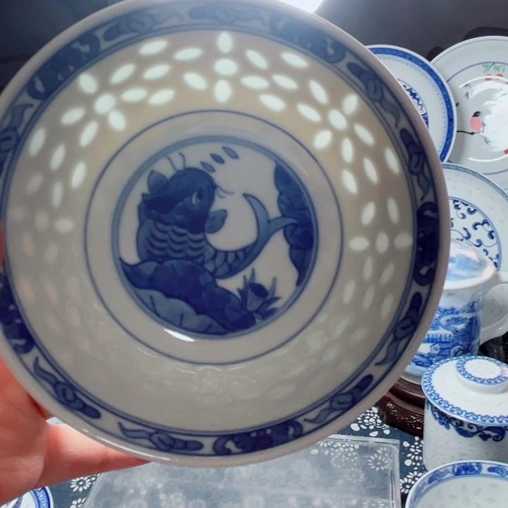 青花玲珑5寸饭碗手绘大鱼