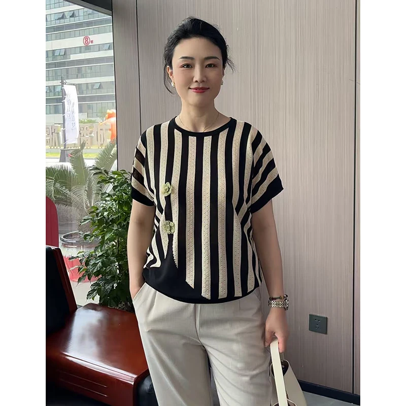 【复古港风】洋气慵懒竖条纹短款套头气质夏装中老年妈妈装亚麻上衣