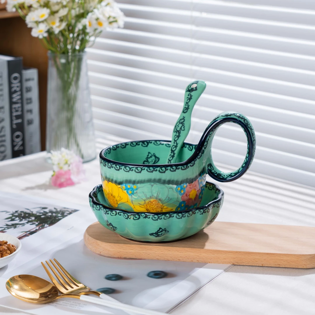 【SILESIA/出口原单】手绘碧海苍田-450ml曲把杯