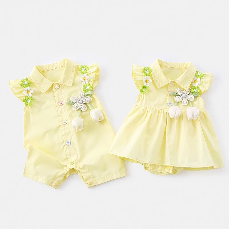 2025夏款大花朵郁金香包屁裙爬服哈衣黄色婴儿衣服连身衣、爬服棉