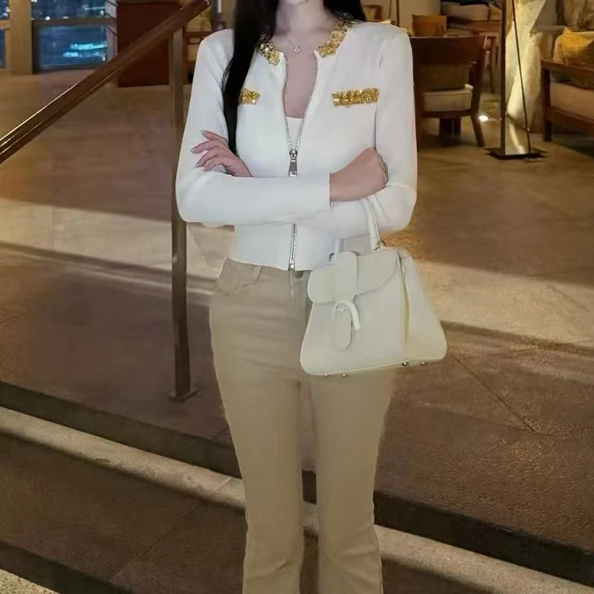 小香风金色亮片手工钉珠圆领修身针织衫长袖圆领开衫