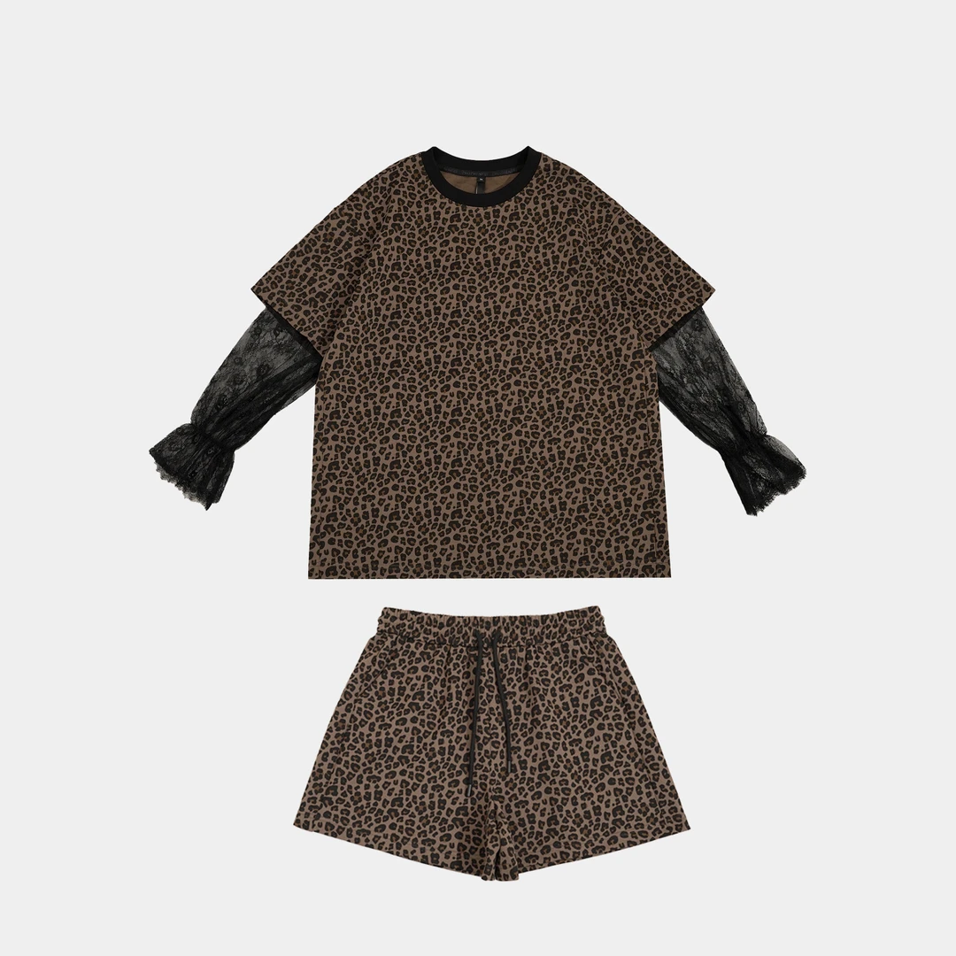 GGAHOLIDAY时尚休闲宽松长袖蕾丝拼接潮流豹纹短裤套装-152347/8