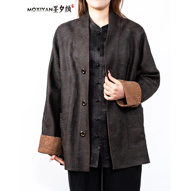 【墨夕颜】2025早春新款桑蚕丝香云纱男士 原色龙鳞纹道袍-MH-615