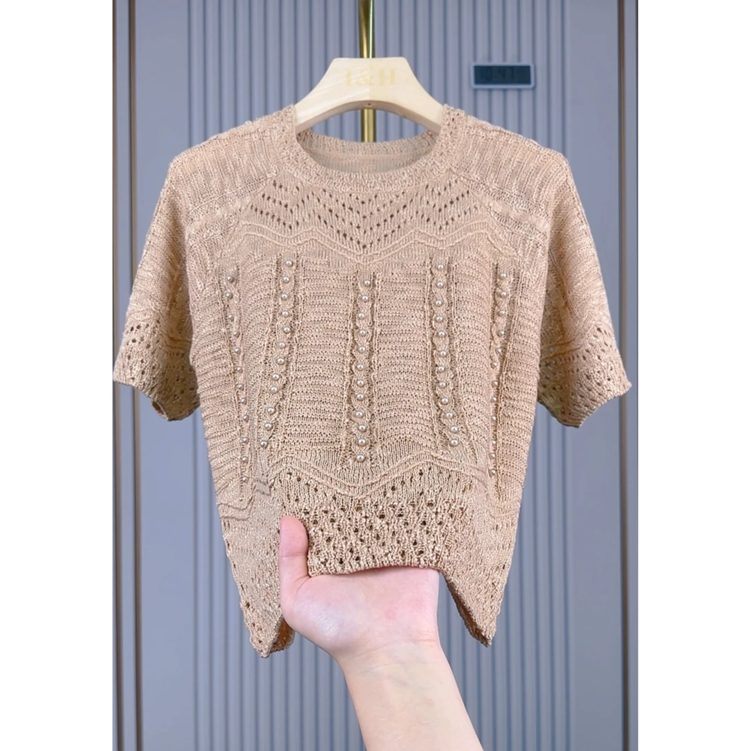 2025夏季新款宽松提花百搭短袖上衣圆领套头时尚洋气针织衫868