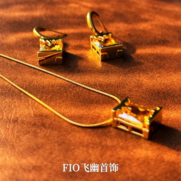 钛钢琉璃项链 黄方糖项链耳钉 古风欧美女百搭链条简约小众镶嵌