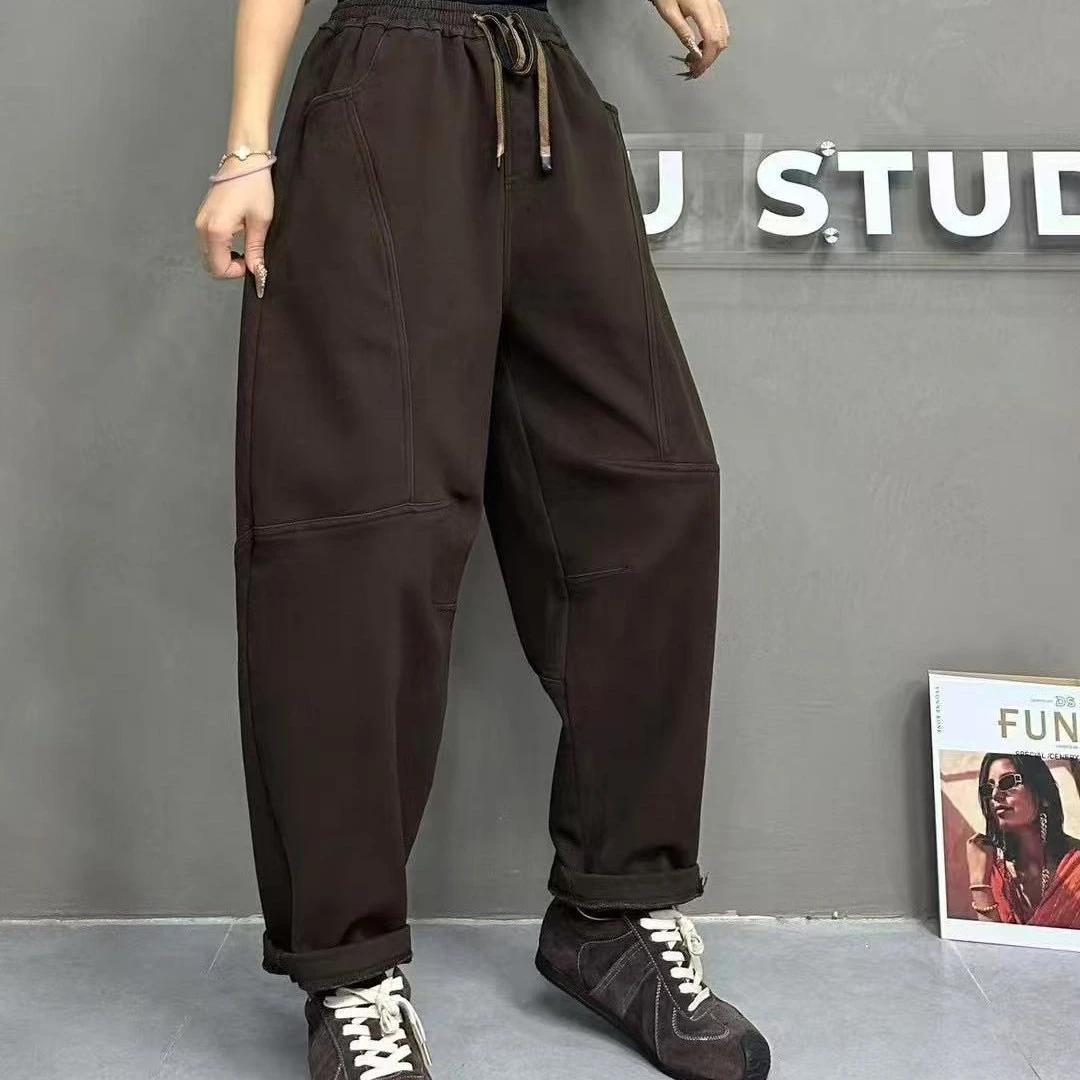 冬款加绒加厚宽松显瘦遮肉保暖松紧腰休闲哈伦裤女