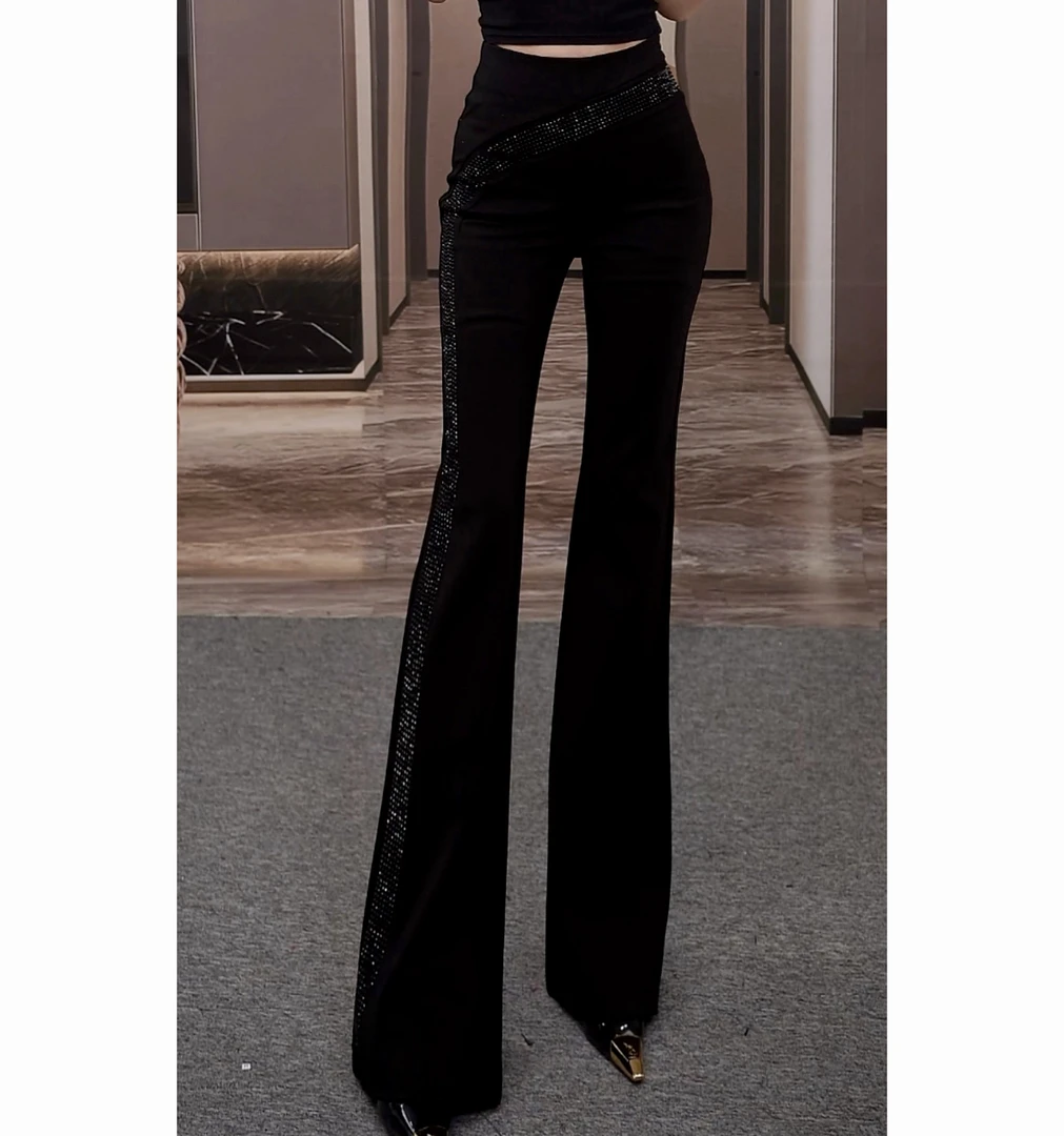 老板娘原创】冬款必备微喇叭款高腰显瘦显高微喇裤侧腿烫钻10059