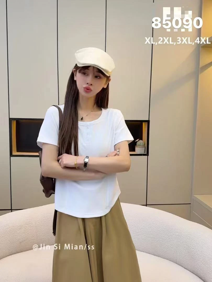85090纯色扣子女士夏季短袖