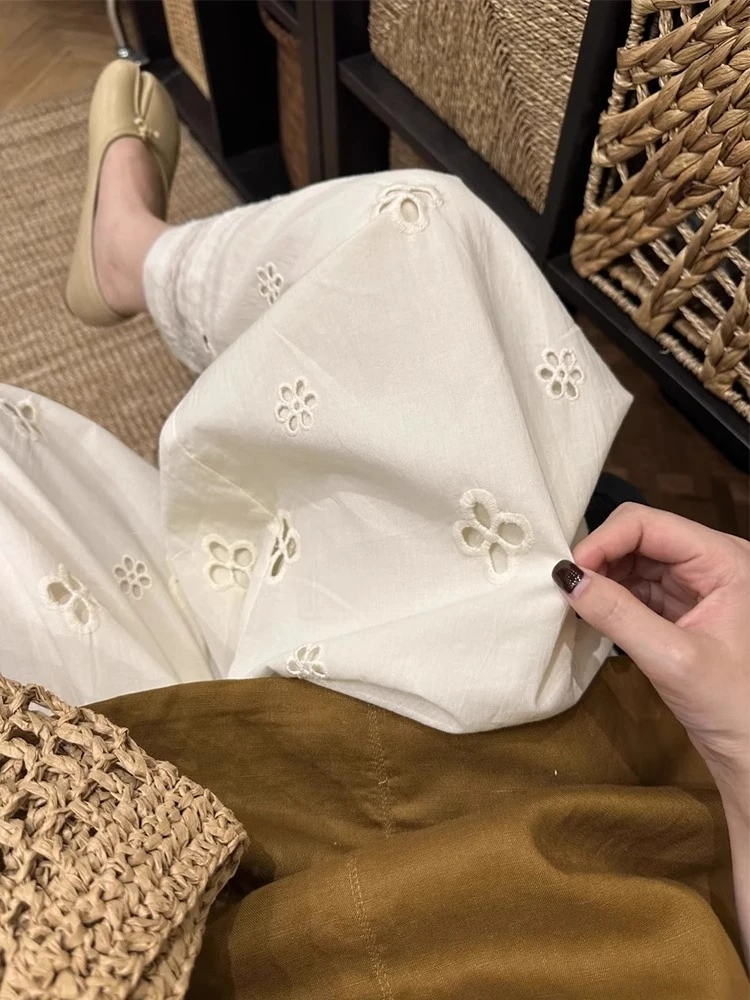 【如如】夏款宽松显瘦拼接蕾丝镂空九分休闲裤米白色阔腿裤女