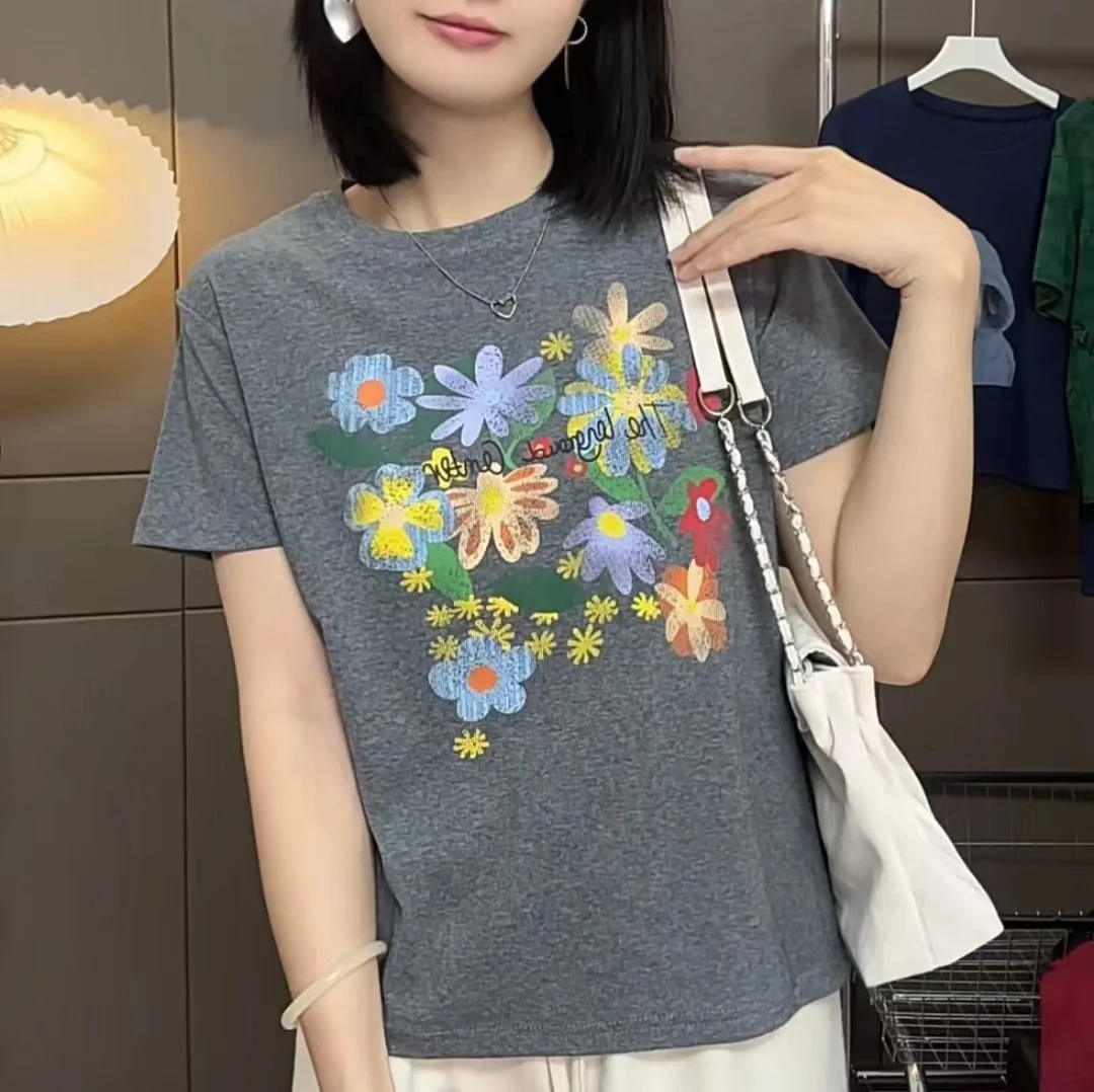 韩系花朵印花正肩时尚上衣夏季中长款小众修身显瘦圆领宽松T恤