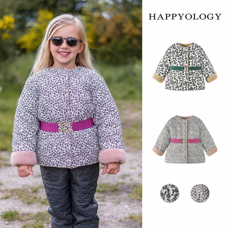 Happyology英国女童棉服小豹纹可爱英伦上衣外套儿童冬季保暖棉衣